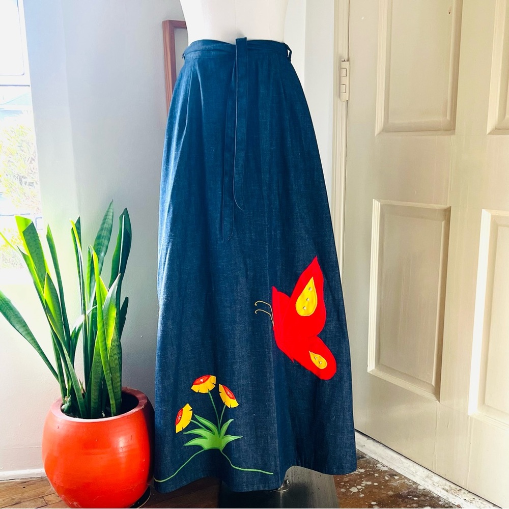 1970’s Splen-Denim Appliqué Maxi Wrap Skirt.